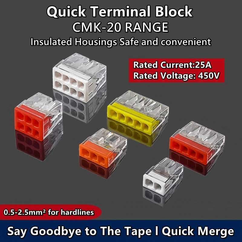 10/50pcs CMK 20 Mini Quick Wire Connectors 2/3/4/5/6/8 Ports Hard wire Quick Push-In Terminal Block 450V 25A 0.5~2.5mm² ﻿