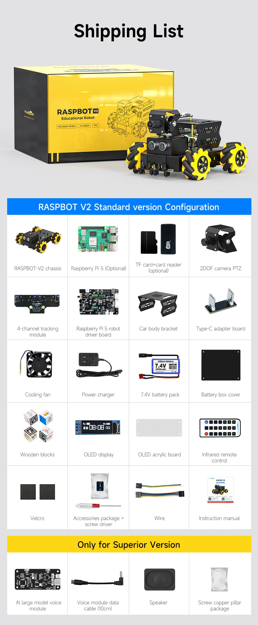 Yahboom Raspbot V2 AI Large Model Robot Car Kit with Camera Mecanum Wheel Toy Educational Python Programming for Raspberry Pi 5