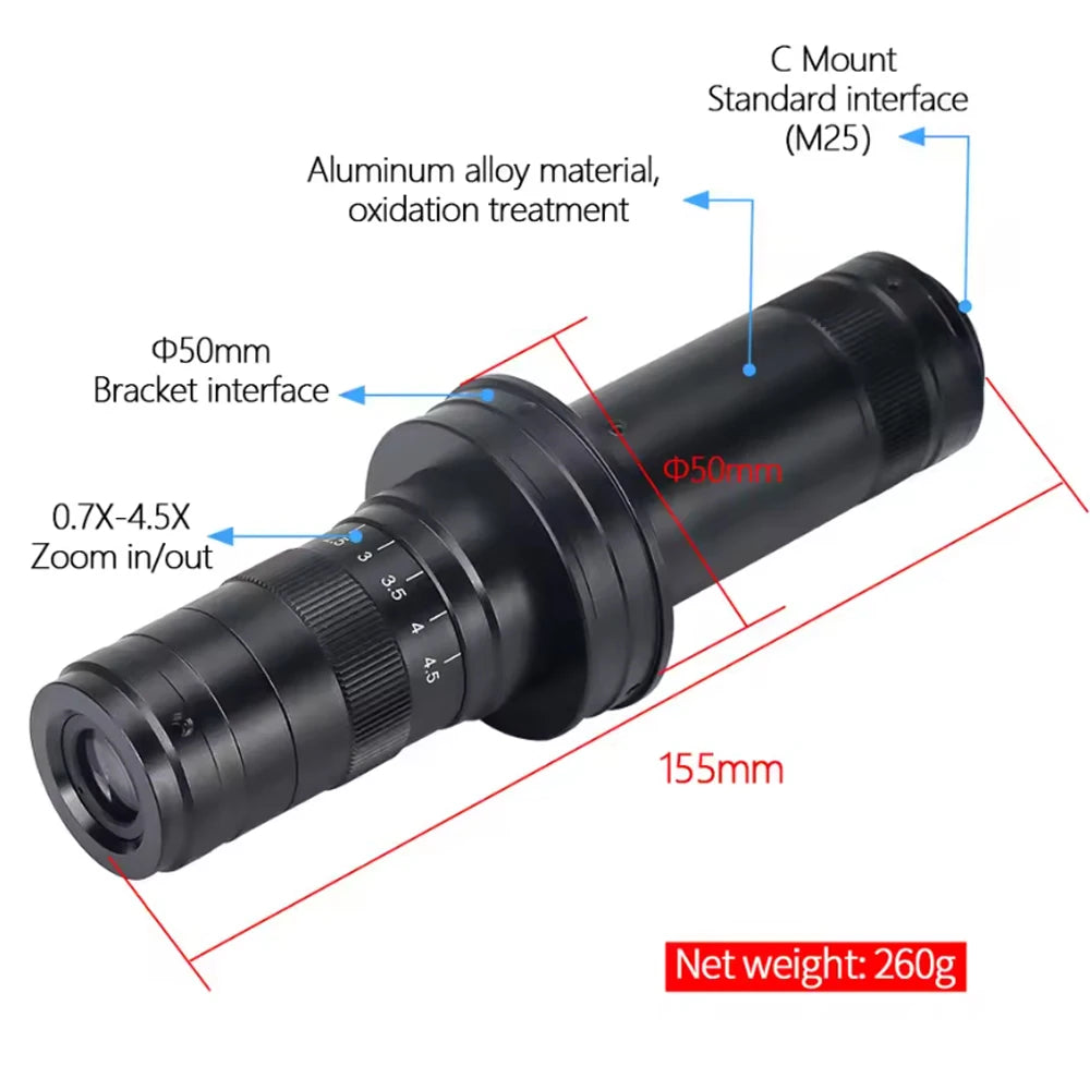 130X 150X 180X 215X zoom C Mount Lens Magnification Adjustable 0.7X~4.5X Optical Zoom Lens For HDMI USB Microscope Camera