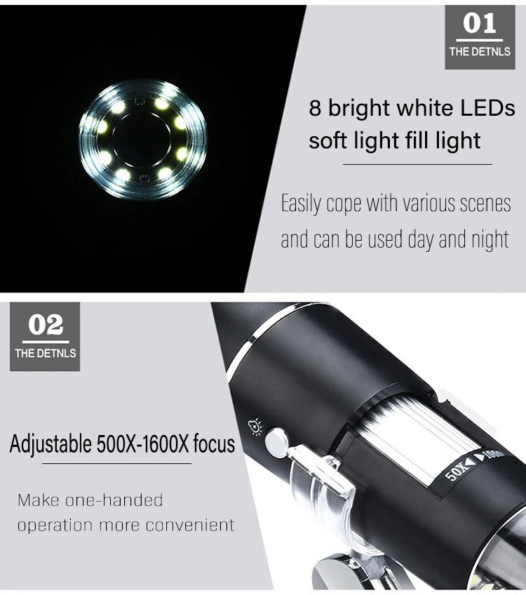 1600X 3in 1 Digital Microscope Camera with 8LEDs Portable Electronic Microscope For Soldering Cell Phone Repair LED Magnifier