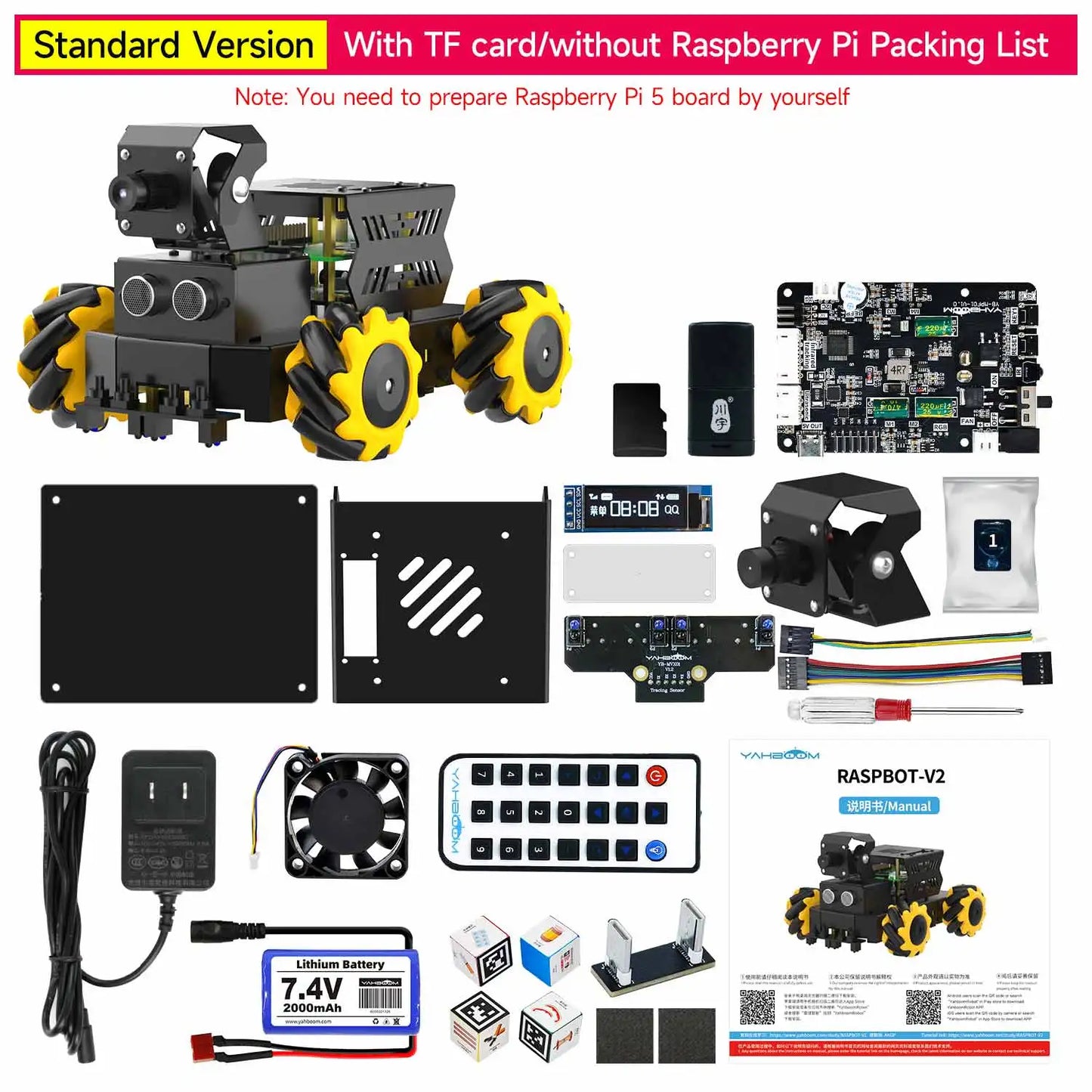 Yahboom Raspbot V2 AI Large Model Robot Car Kit with Camera Mecanum Wheel Toy Educational Python Programming for Raspberry Pi 5