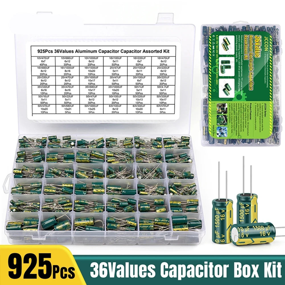 15/24/36 Values 225/460/925Pcs Aluminum Electrolytic Capacitors 16V-50V Electrolytic Capacitor Assortment Kit with Storage Box