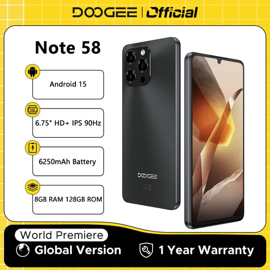 【Brand+】Global Version DOOGEE Note 58 8GB RAM 128GB ROM 6.75" HD+ 90Hz IPS Screen 6250mAh Large battery NFC Android 15